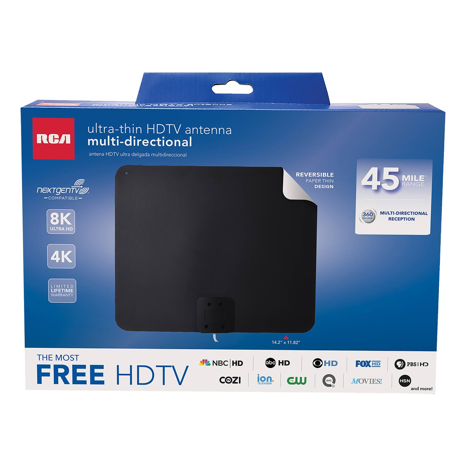 nothing_to_t ultra-thin HDTV antenna RCA multi-directional antena HDTV ultra delgada multidireccional nExTgENTV COMPATIRLE REVERSIBLE PAPERTHIN DESIGN 45 MILE RANGE 8K ULTRA HD 360 MULTI-DIRECTIONAL C RECEPTION 4K LIMITED LIFETIME WARRANTY 14.2 11.82" THE MOST NBC HD COZI abc HD ion. Cw HD - FOXHD HD MOVIES! PBSTHD HSN and more!
