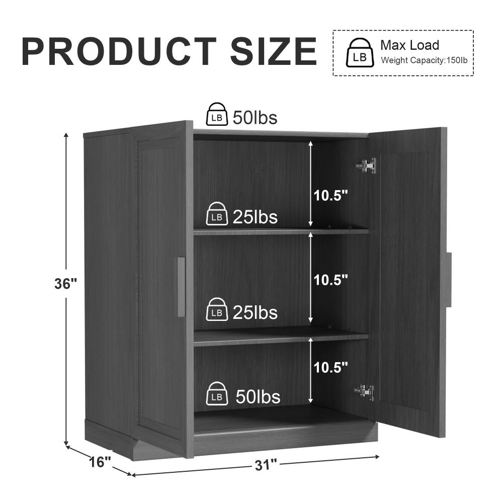 PRODUCT SIZE

Max Load Weight Capacity: 150lb

- Height: 36"
- Width: 31"
- Depth: 16"

Shelf Details:
- Top Shelf: 50lbs, 10.5" depth
- Second Shelf: 25lbs, 10.5" depth
- Third Shelf: 25lbs, 10.5" depth
- Bottom Shelf: 50lbs, 10.5" depth