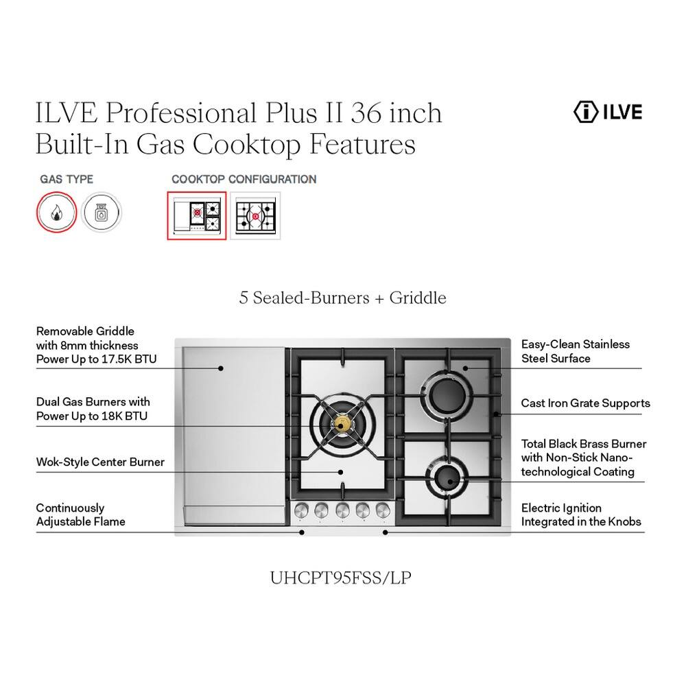ILVE Professional Plus II 36 inch Built-In Gas Cooktop Features

GAS TYPE
COOKTOP CONFIGURATION

5 Sealed-Burners + Griddle

- Removable Griddle with 8mm thickness Power Up to 17.5K BTU
- Dual Gas Burners with Power Up to 18K BTU
- Wok-Style Center Burner
- Continuously Adjustable Flame
- Easy-Clean Stainless Steel Surface
- Cast Iron Grate Supports
- Total Black Brass Burner with Non-Stick Nano-technological Coating
- Electric Ignition Integrated in the Knobs

UHCPT95FSS/LP