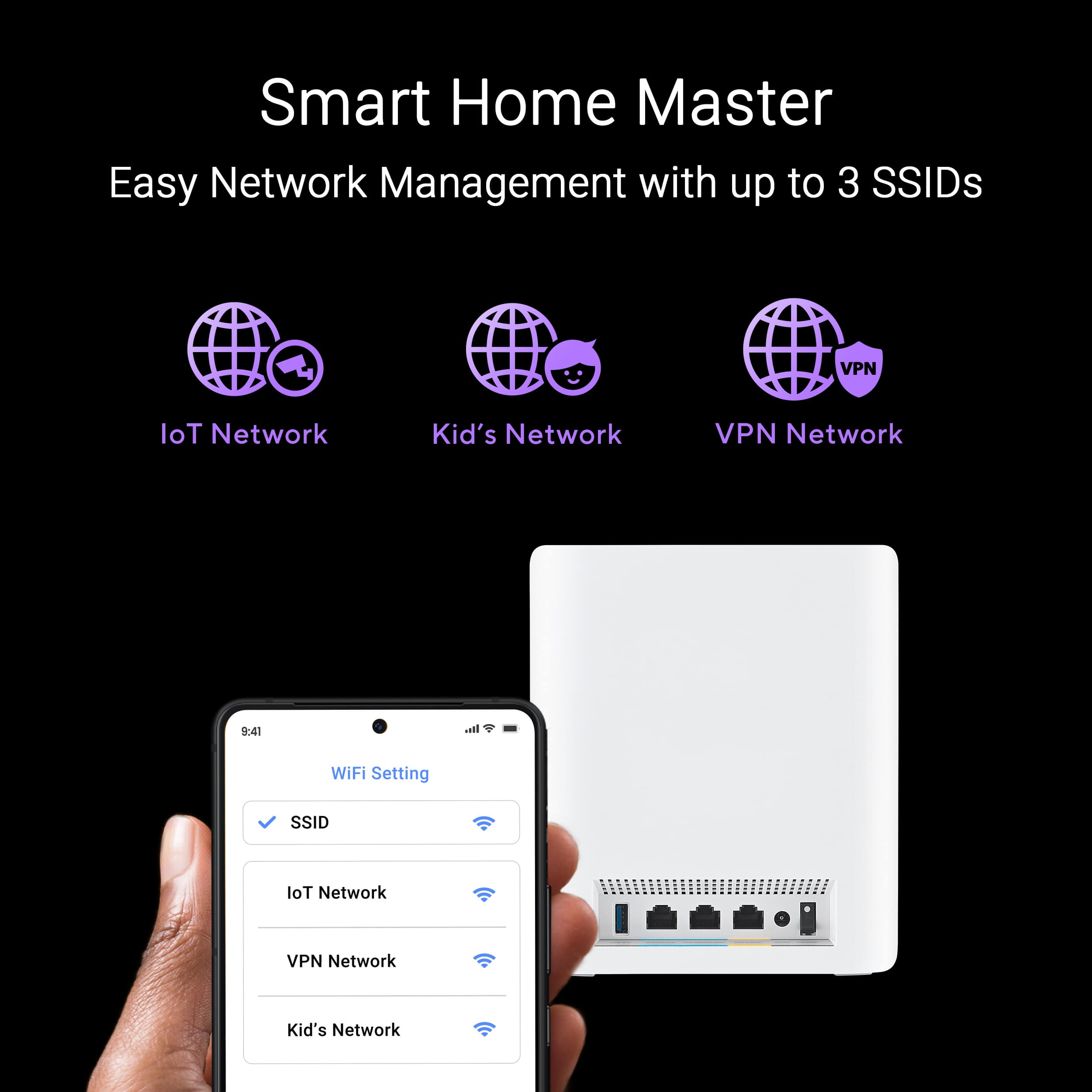 Smart Home Master: Easy Network Management with up to 3 SSIDs - VPN, loT Network, Kid's Network. WiFi Setting.