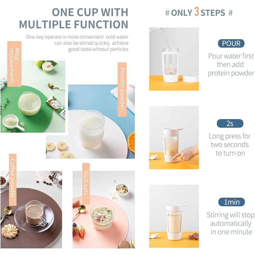 **ONE CUP WITH MULTIPLE FUNCTION**

One-key operate is more convenient. Cold water can also be stirred quickly to achieve good taste without particles.

**Meal replacement**

**Protein powder**

**Coffee powder**

**Fruit oats**

**# ONLY 3 STEPS #**

**POUR**

Pour water first then add protein powder

**2s**

Long press for two seconds to turn on

**1min**

Stirring will stop automatically in one minute