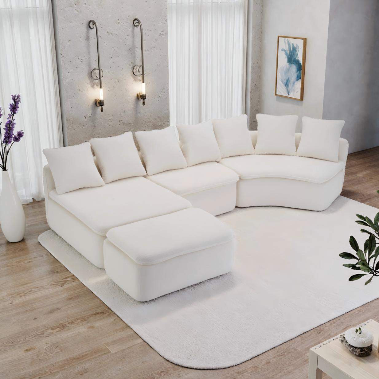 Front. Roomtec - 133 Modular UShaped Sectional Compression Sofa with Removable Recliner Module White Woodgrain Chenille Boneless Ideal - Milk White.