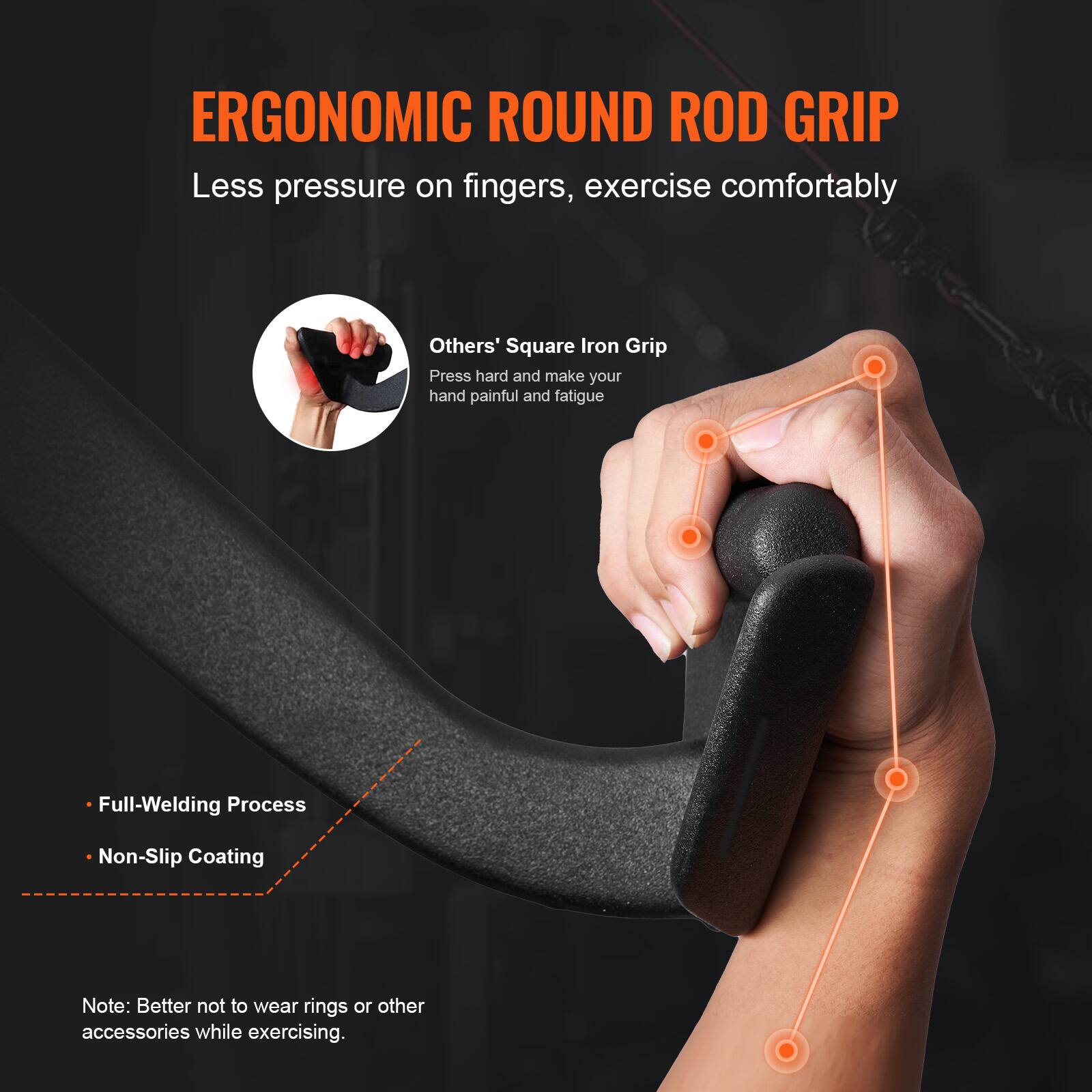 ERGONOMIC ROUND ROD GRIP  
Less pressure on fingers, exercise comfortably  

Others' Square Iron Grip  
Press hard and make your hand painful and fatigue  

Full-Welding Process  
Non-Slip Coating  

Note: Better not to wear rings or other accessories while exercising.
