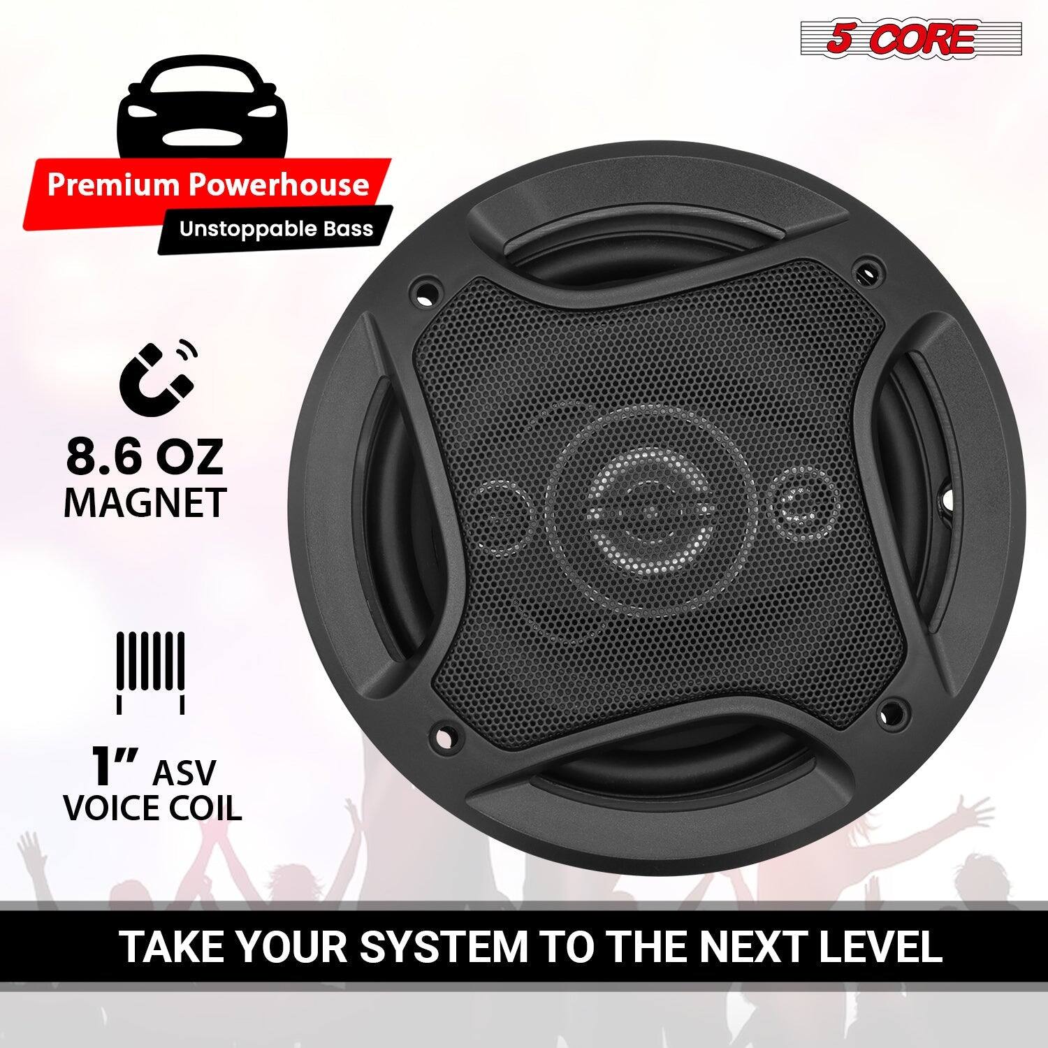 5 CORE, Premium Powerhouse, Unstoppable Bass, 8.6 OZ MAGNET, 1" ASV VOICE COIL, TAKE YOUR SYSTEM TO THE NEXT LEVEL
