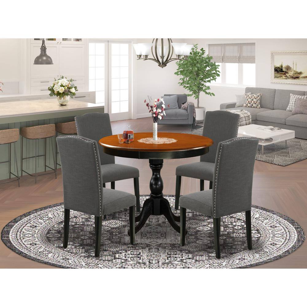 Angle. East West Furniture - East West Furniture 5-Pc Round Kitchen Table Set Contains a Wood Kitchen Table and 4 Dark Gotham Grey Linen Fabric - Multi-Color.