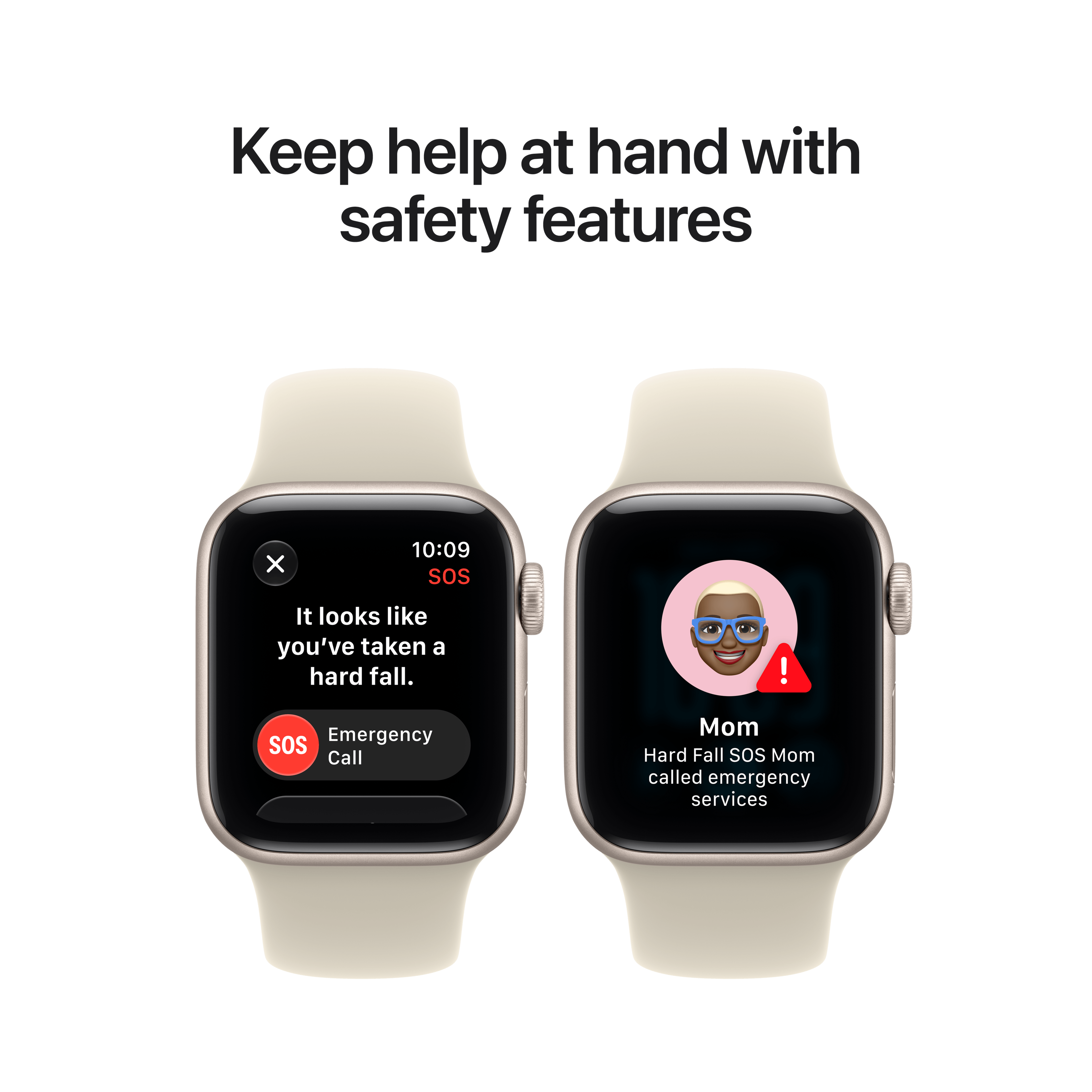 Keep help at hand with safety features

10:09 SOS
It looks like you've taken a hard fall.
SOS Emergency Call

Mom
Hard Fall SOS Mom called emergency services