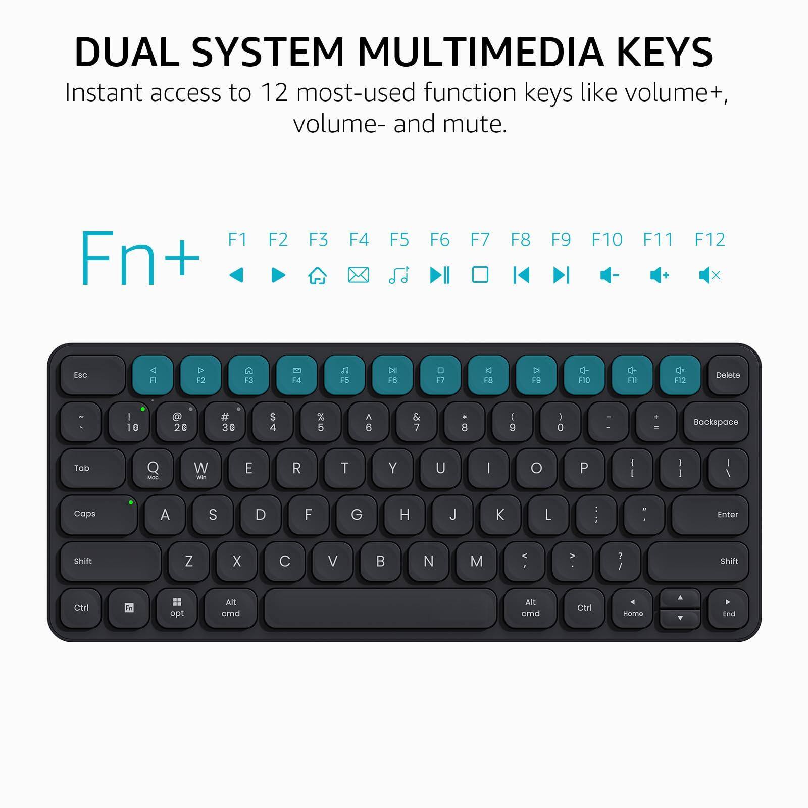 DUAL SYSTEM MULTIMEDIA KEYS  
Instant access to 12 most-used function keys like volume+, volume- and mute.

Fn+  
F1 F2 F3 F4 F5 F6 F7 F8 F9 F10 F11 F12

Esc F1 F2 F3 F4 F5 F6 F7 F8 F9 F10 F11 Delete  
Tab Q W E R T Y U I O P [ ] \ Backspace  
Caps A S D F G H J K L ; ' Enter  
Shift Z X C V B N M , . / Shift  
Ctrl opt cmd Alt cmd Home End