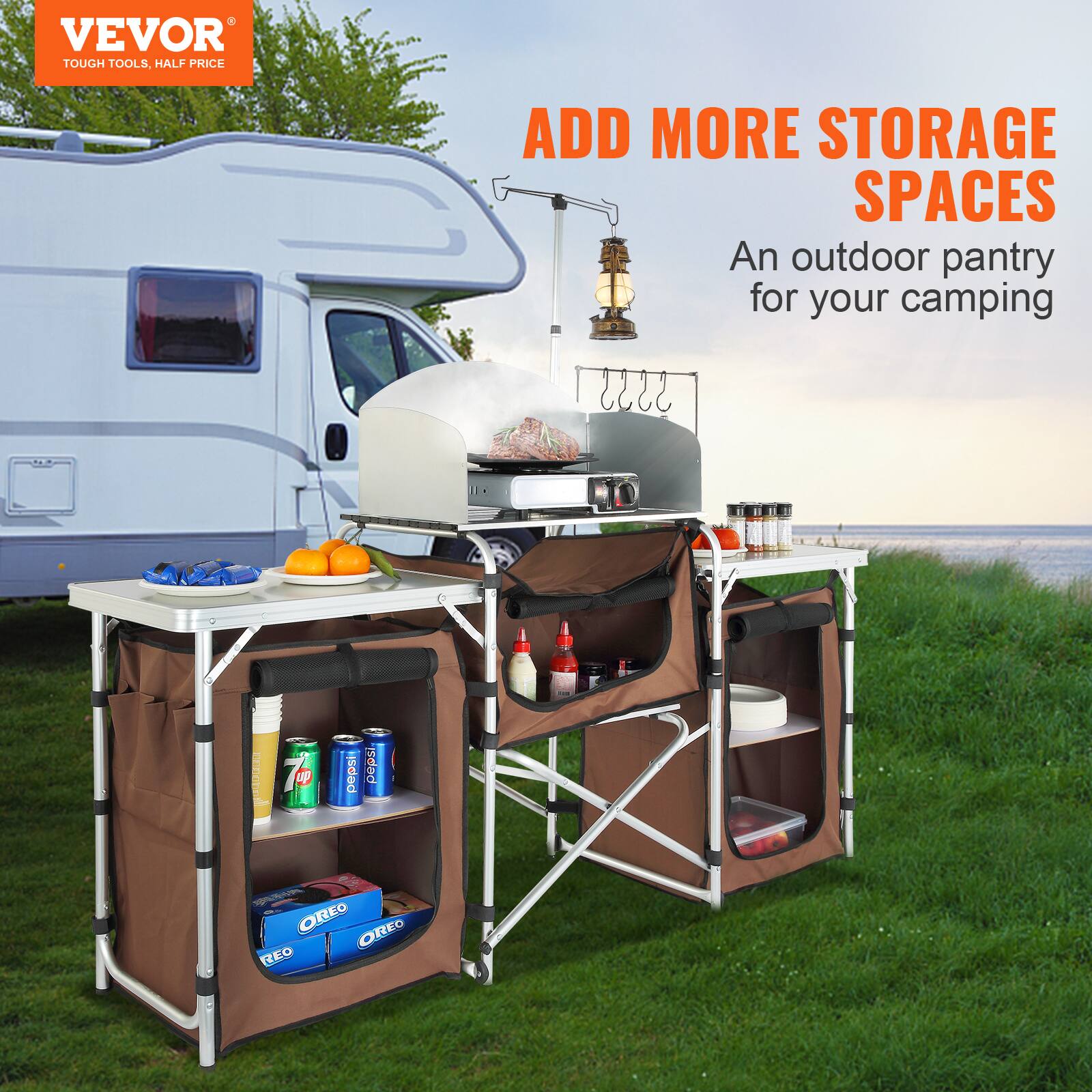 VEVOR TOUGH TOOLS, HALF PRICE ADD MORE STORAGE SPACES An outdoor pantry for your camping 5535 | t 1 uP pepsi pepsi Ce RZEO OREO REO