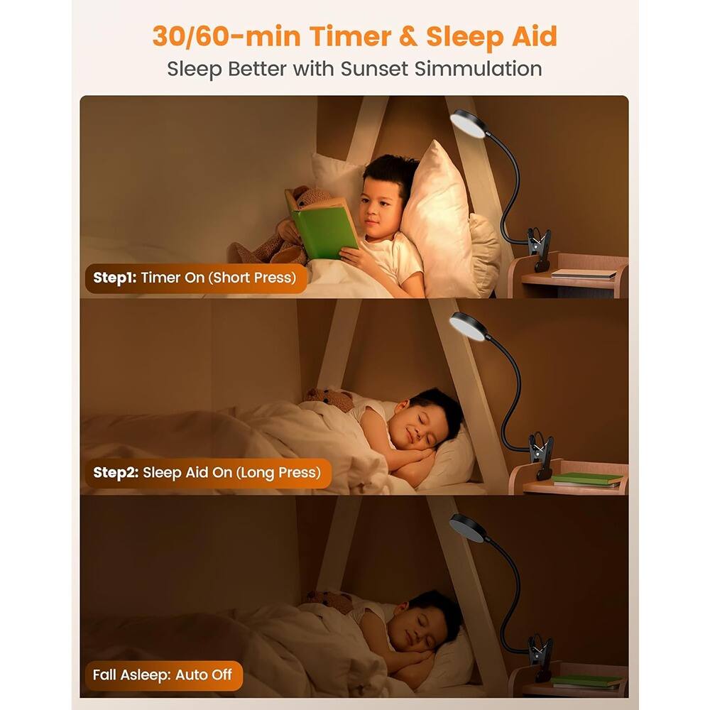 30/60-min Timer & Sleep Aid  
Sleep Better with Sunset Simulation  

Step 1: Timer On (Short Press)  

Step 2: Sleep Aid On (Long Press)  

Fall Asleep: Auto Off