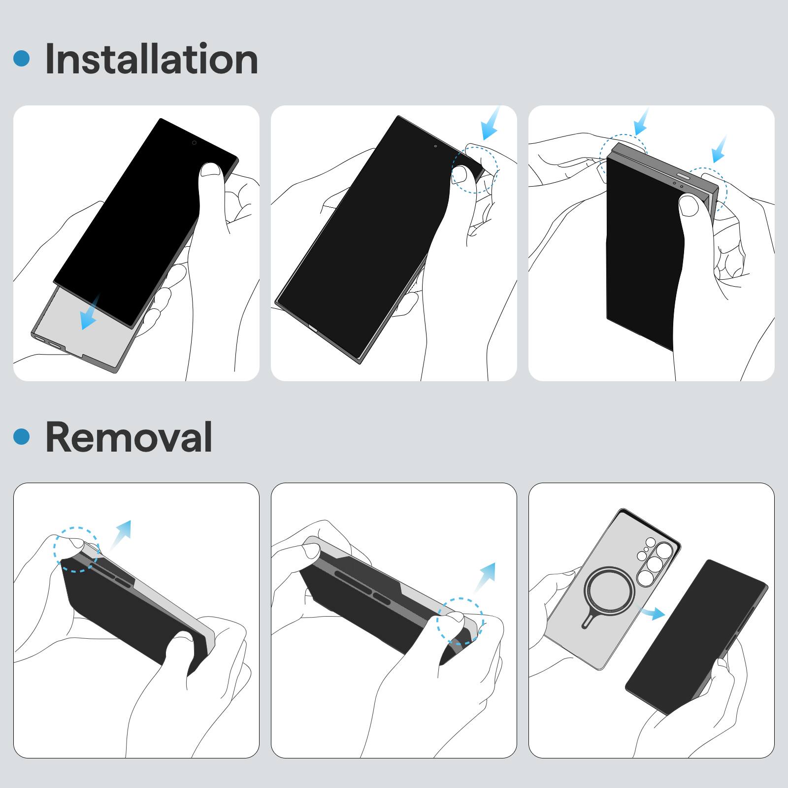 Installation

- Insert the device into the case.
- Align the device with the case.
- Press the device into the case.

Removal

- Grasp the device.
- Slide the device out of the case.
- Remove the device from the case.