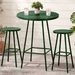 Best Choice Products - 3-Piece Steel Patio Bar Height Round Bistro Set w/ Backless Stools, Slatted Design - Dark Green
