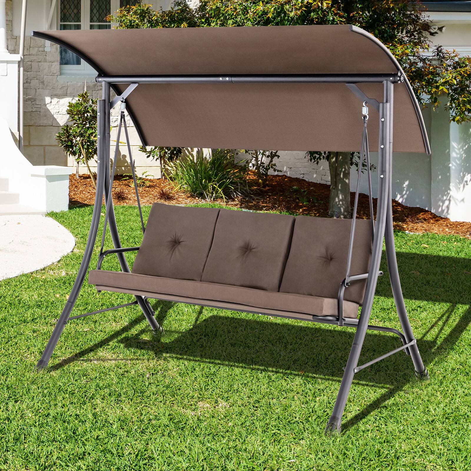 Alt View 3. Costway - Costway 3-Seat Outdoor Porch Swing Adjustable Canopy Padded Cushions Steel Frame - Brown.
