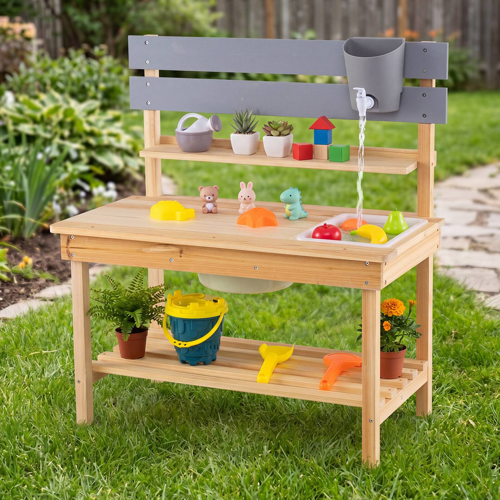 Alt View 3. Costway - Costway Outdoor Mud Kitchen for Kids, Wooden Kitchen Playset with Extended Tabletop - Natural.