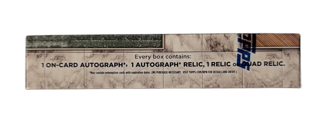 Every box contains:  
1 ON-CARD AUTOGRAPH*, 1 AUTOGRAPH* RELIC, 1 RELIC or QUAD RELIC.  
*May contain redemption cards with expiration dates. (NO PURCHASE NECESSARY. VISIT TOPPS.COM/NPN FOR RELIC DETAILS AND ENTRY.)