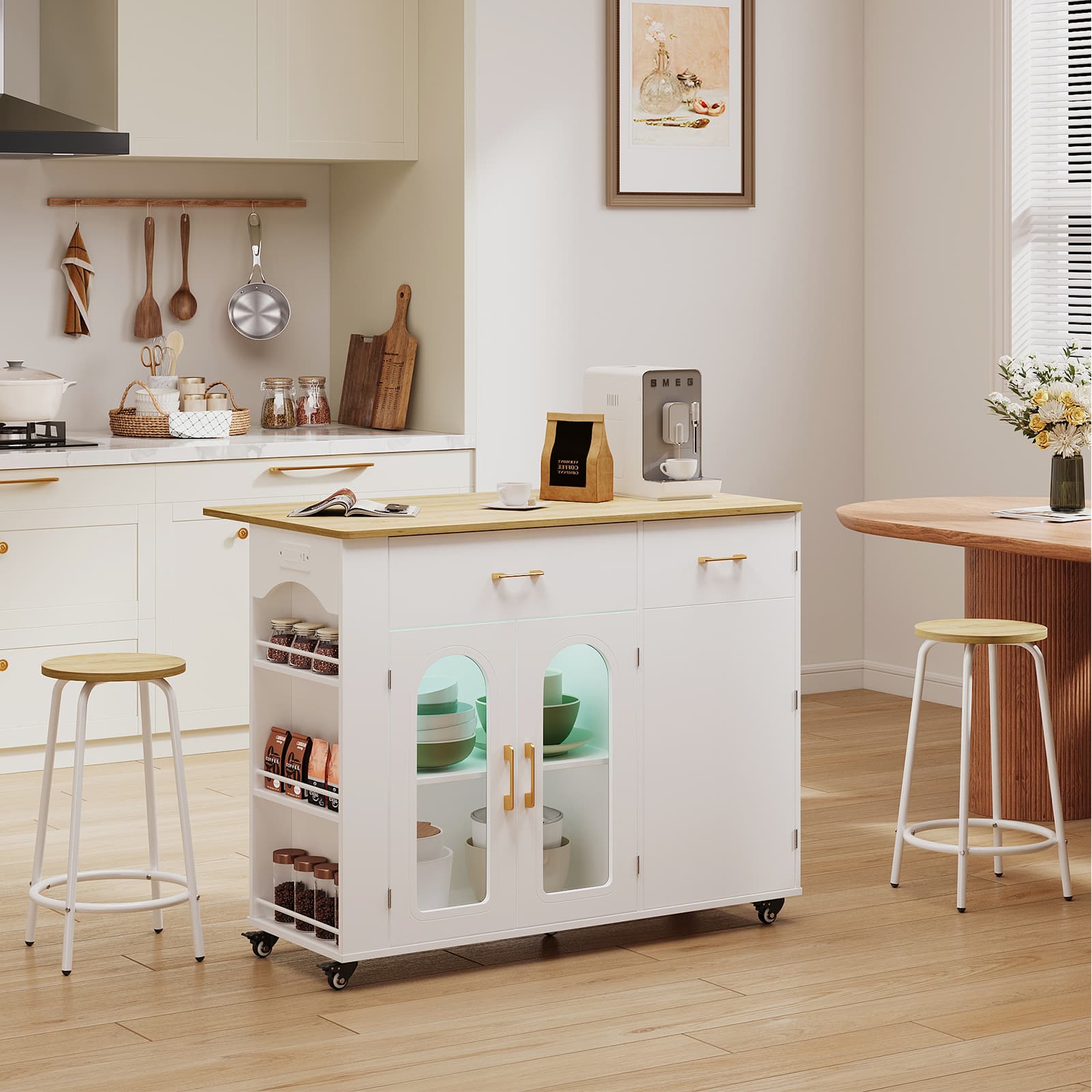 Bestier - Kitchen Island Cart with Storage Cabinet LED Lights Power Outlet and 2 Stackable Stools - Natual Oak