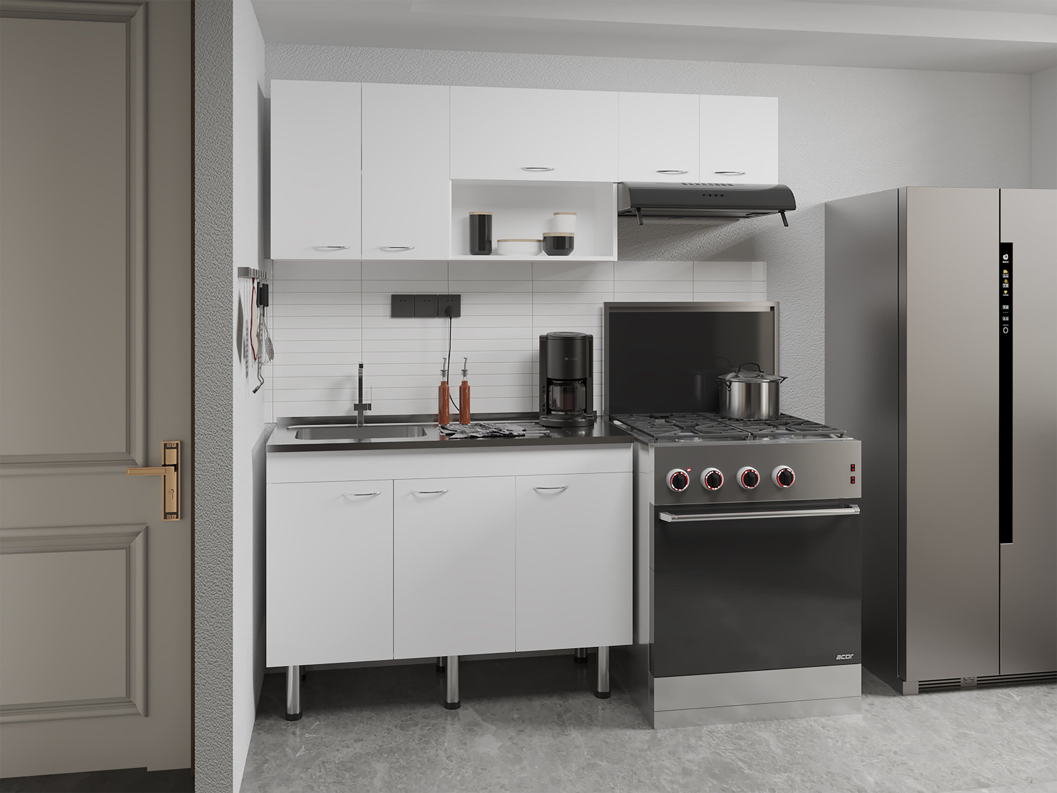 Oceana 2-Piece Kitchen Cabinet Set Stainless Steel Sink 8 Shelves 3-Door Base Cabinet 5-Door Wall Cabinet