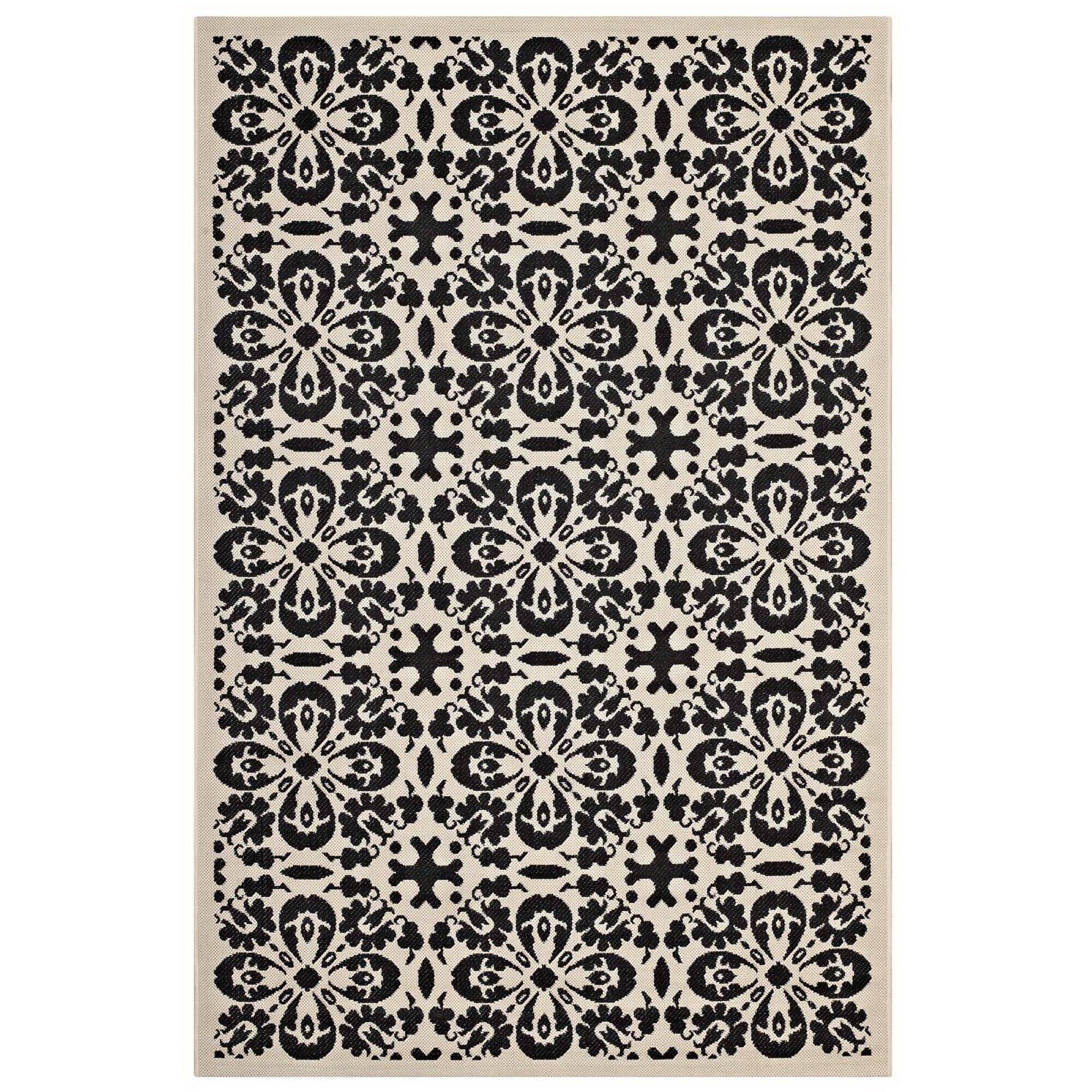 Angle. Modway - Ariana Vintage Floral Trellis Indoor and Outdoor Area Rug - Black and Beige.