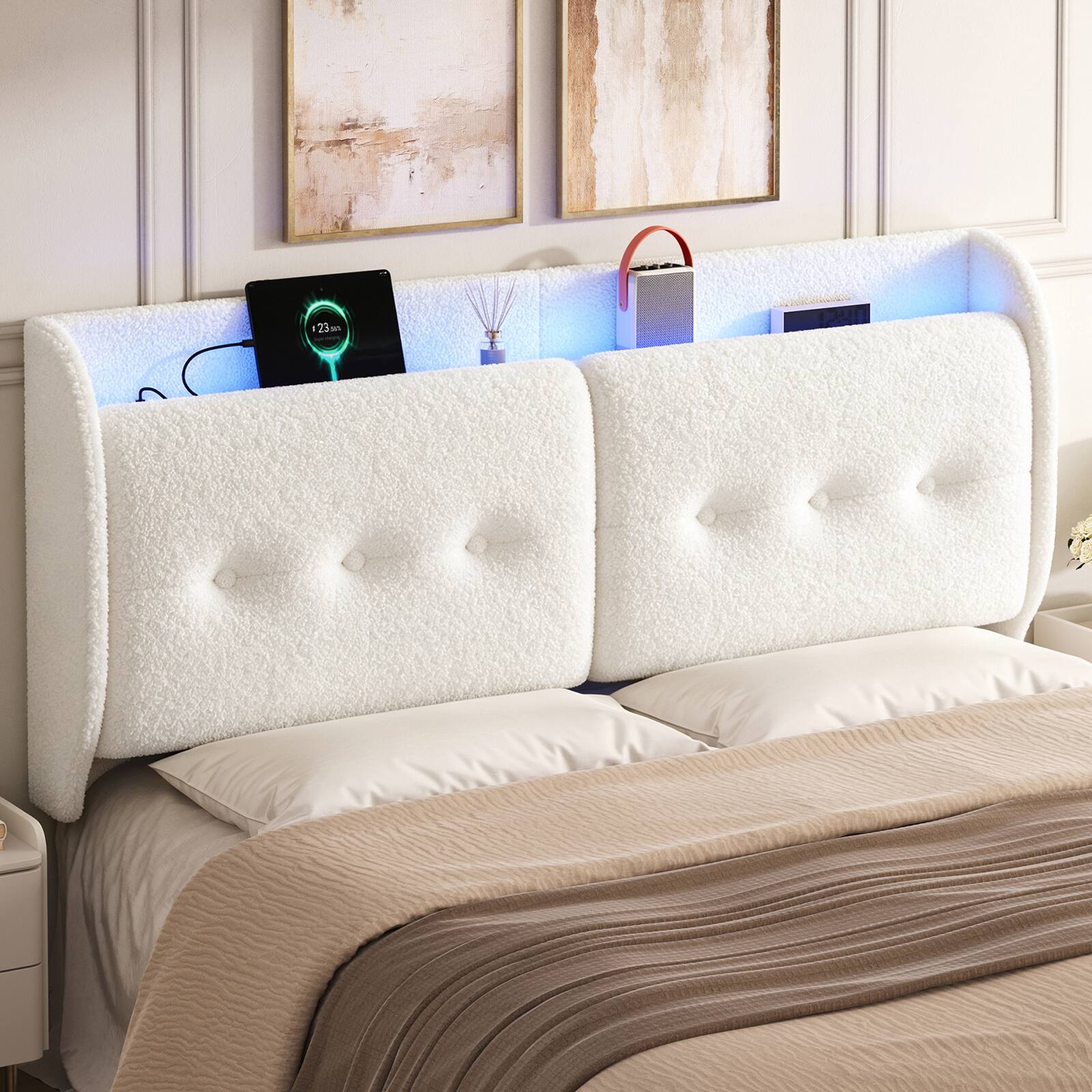 Left. Pinmoco - LED Upholstered Headboard with Storage Shelves, USB Ports - Off-white.