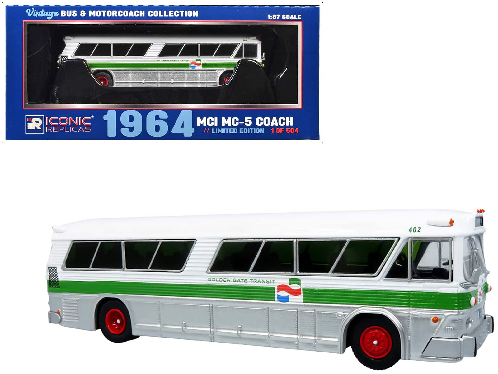 Iconic Replicas - 1964 MCI MC-5A Coach Bus Golden Gate Transit White Green Stripes 1/87 HO Vintage Bus Motorcoach Limited 504 pcs - White with Green