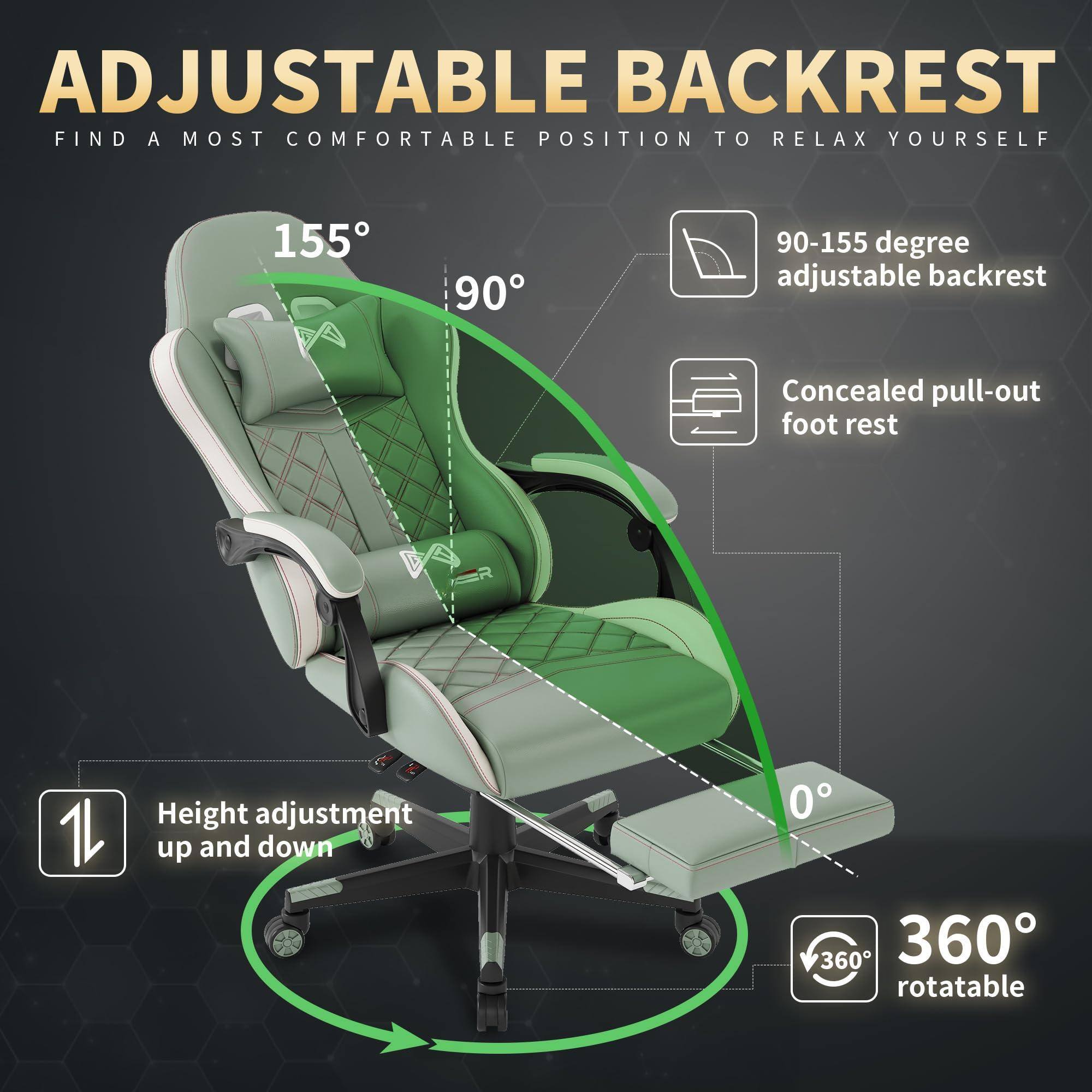 ADJUSTABLE BACKREST  
FIND A MOST COMFORTABLE POSITION TO RELAX YOURSELF  

155°  
90°  
90-155 degree adjustable backrest  

Concealed pull-out foot rest  

Height adjustment up and down  

360° rotatable