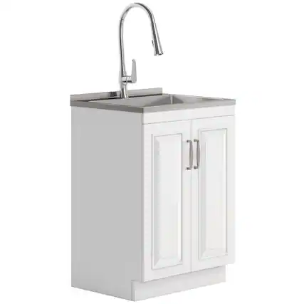 Front. Simpli Home - Darwin All-In-One 24-inch Laundry Utility Sink and Cabinet - Pure White.