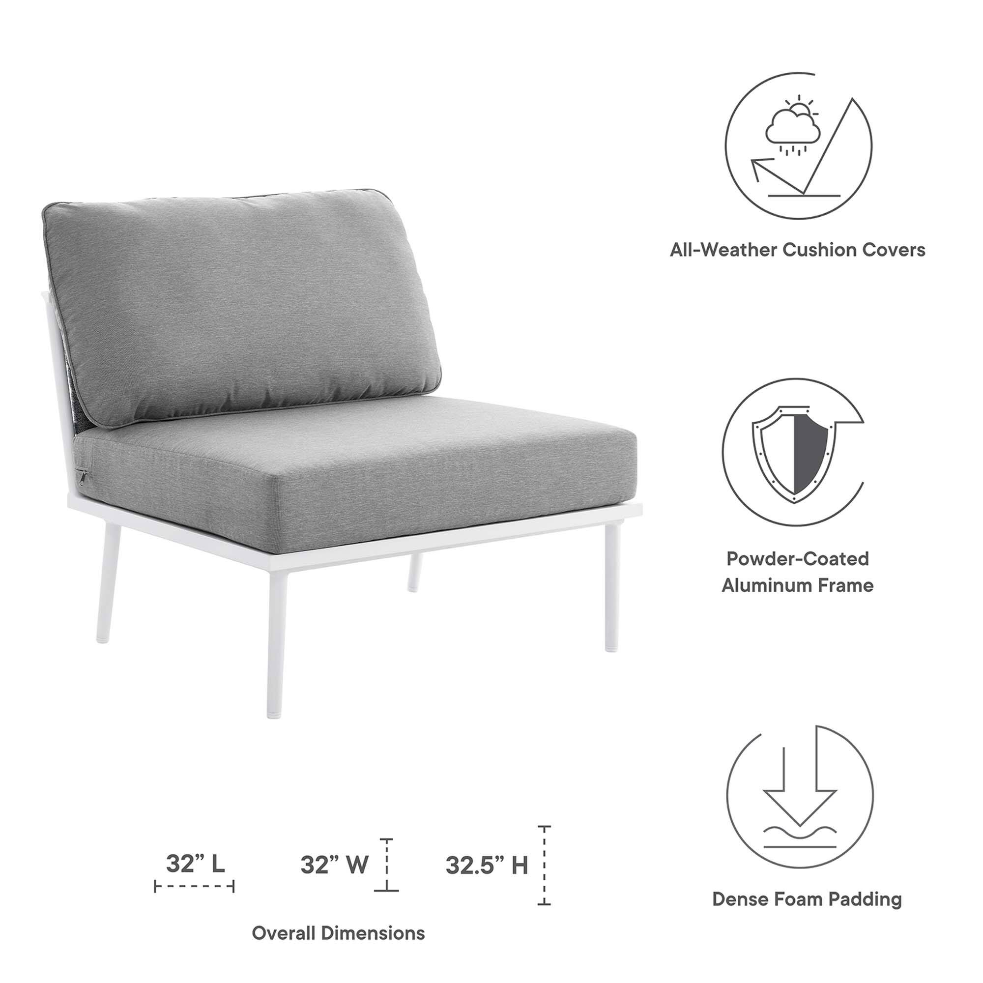 All-Weather Cushion Covers  
Powder-Coated Aluminum Frame  
32" L x 32" W x 32.5" H  
Overall Dimensions  
Dense Foam Padding
