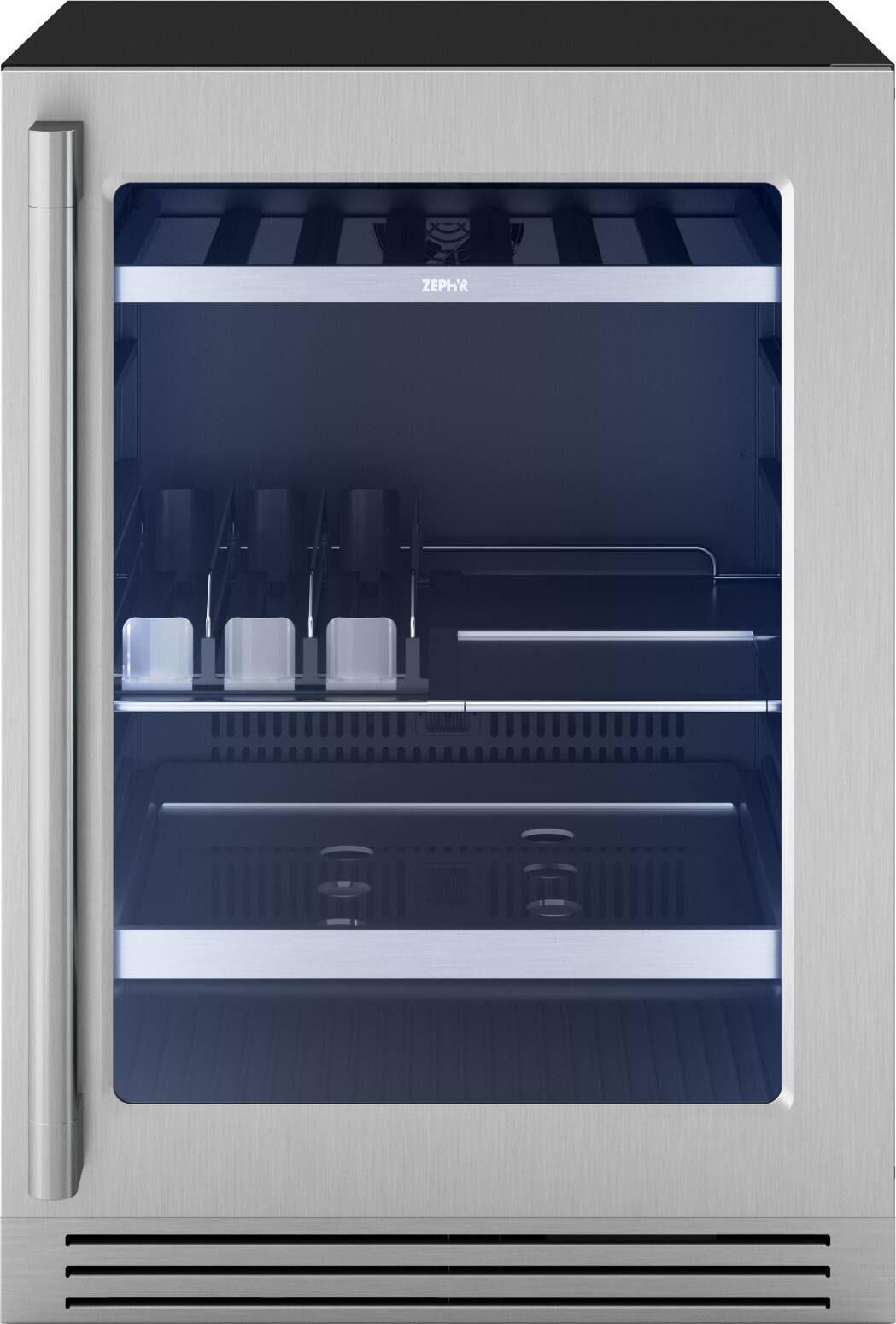 Angle. Zephyr - Presrv Pro 24 in. 7-Bottle and 88-Can Single Zone Beverage Cooler - Stainless Steel + Glass.