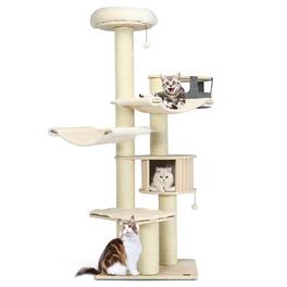 Kadyn - Cat Tower, Cat Tree for Indoor Cats, 77.5-Inch Cat Tree Condo Multi-Level Kitten Activity Tower with Sisal Posts- White - Beige