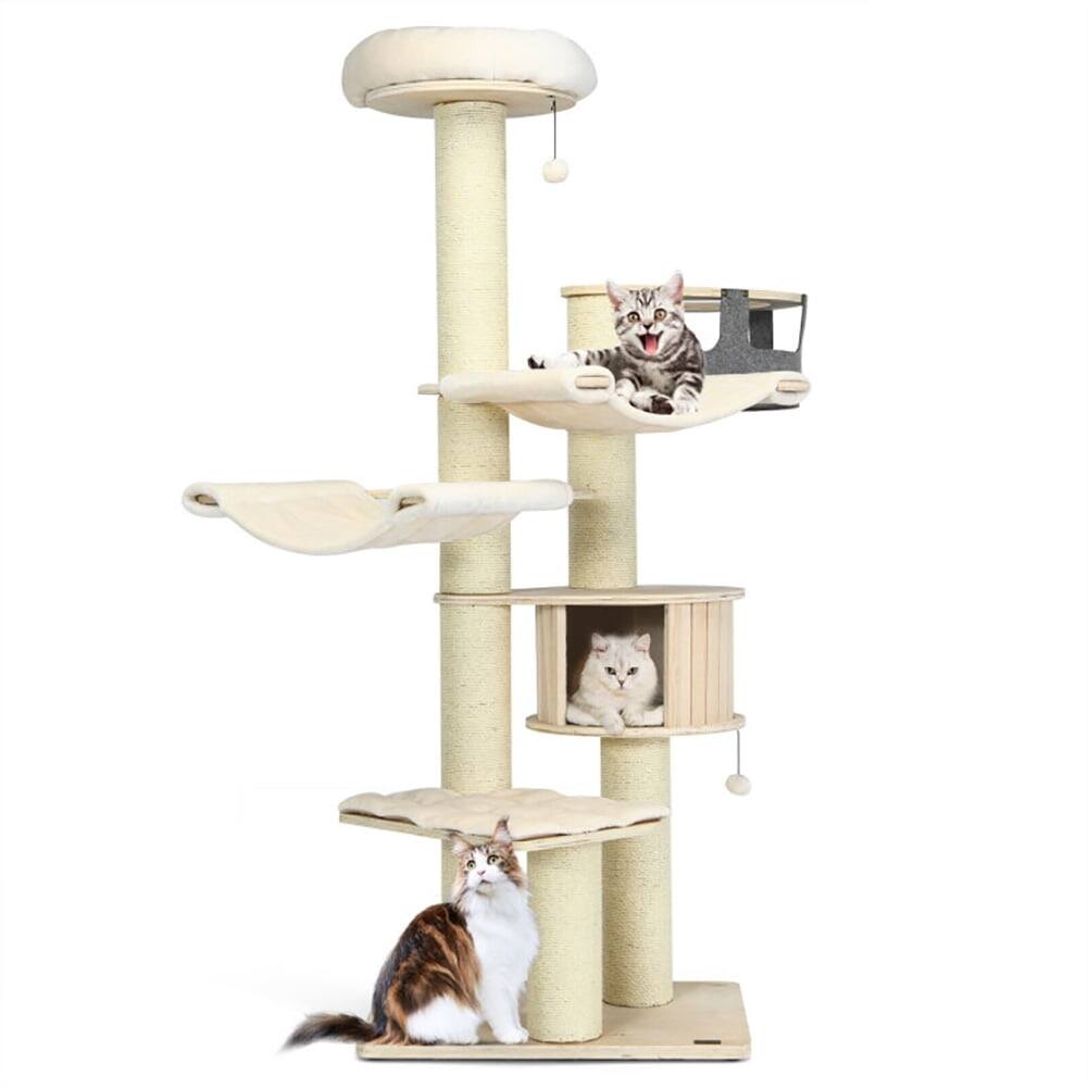 Front. Kadyn - Cat Tower, Cat Tree for Indoor Cats, 77.5-Inch Cat Tree Condo Multi-Level Kitten Activity Tower with Sisal Posts- White - Beige.
