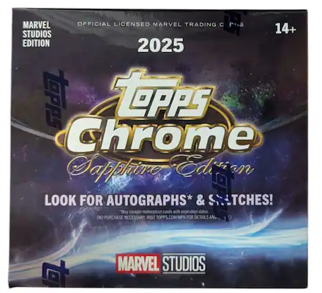 MARVEL OFFICIAL LICENSED MARVEL TRADING C F.I.S 14+ STUDIOS EDITION 2025 TOPPS Chrome Sapphire Edition LOOK FOR AUTOGRAPHS* "May contain redemption cards with expiration & dates. SLITCHES! (NO PURCHASE NECESSARY. VISIT TOPPS.COM/NPN FOR DETAILS ANU MARVEL STUDIOS