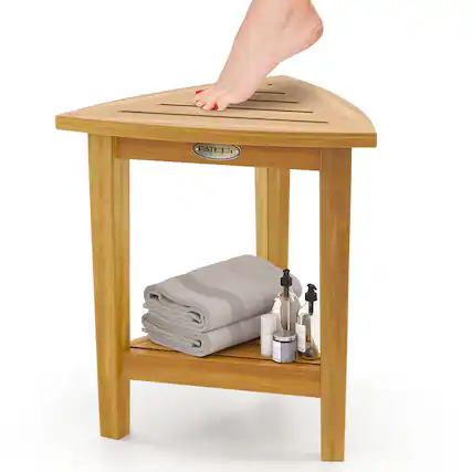 Front. Gymax - Gymax Shower Stool Teak Wood Corner Bath Stool w/ Storage Shelf Shower Seat Chair - Natural.