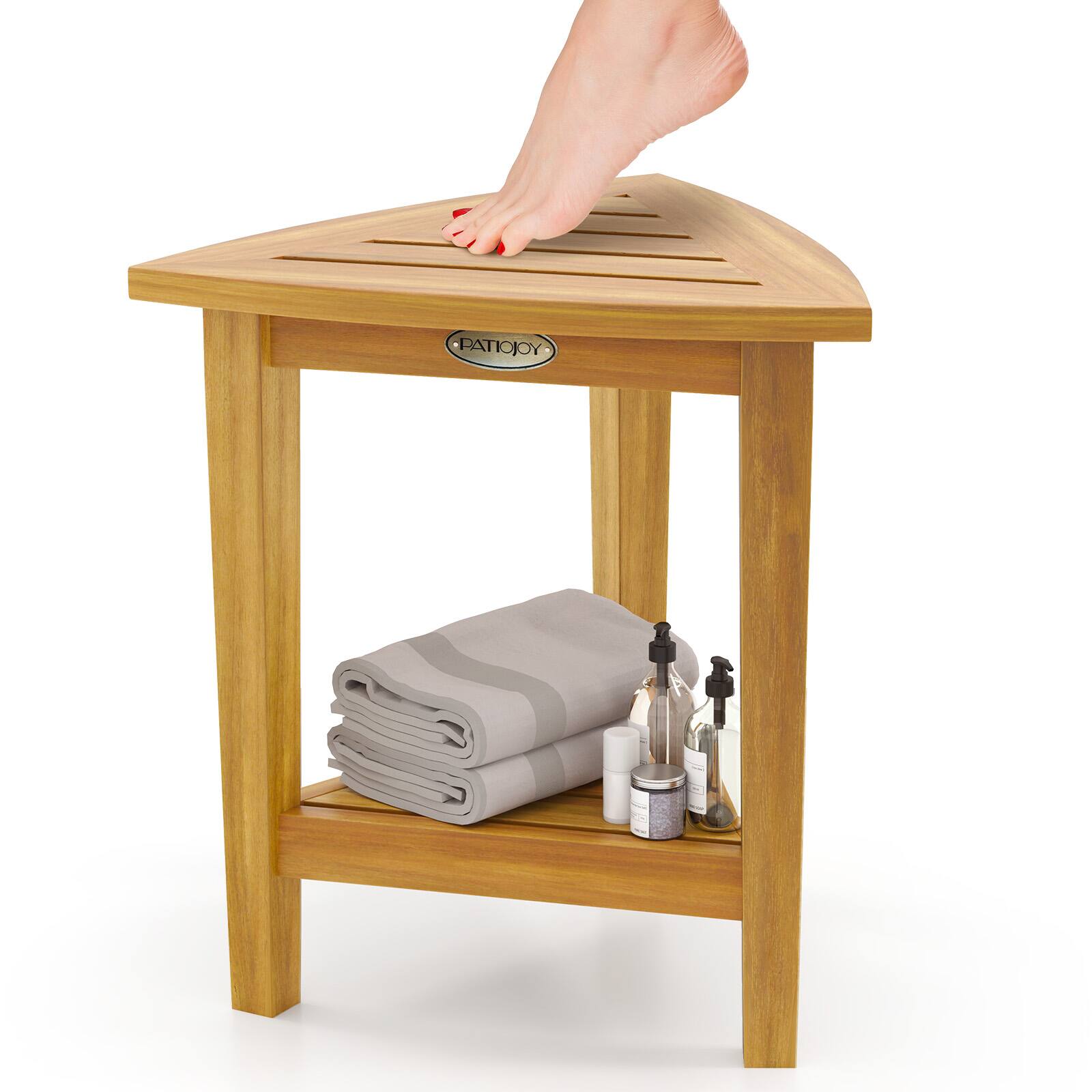 Front. Gymax - Gymax Shower Stool Teak Wood Corner Bath Stool w/ Storage Shelf Shower Seat Chair - Natural.