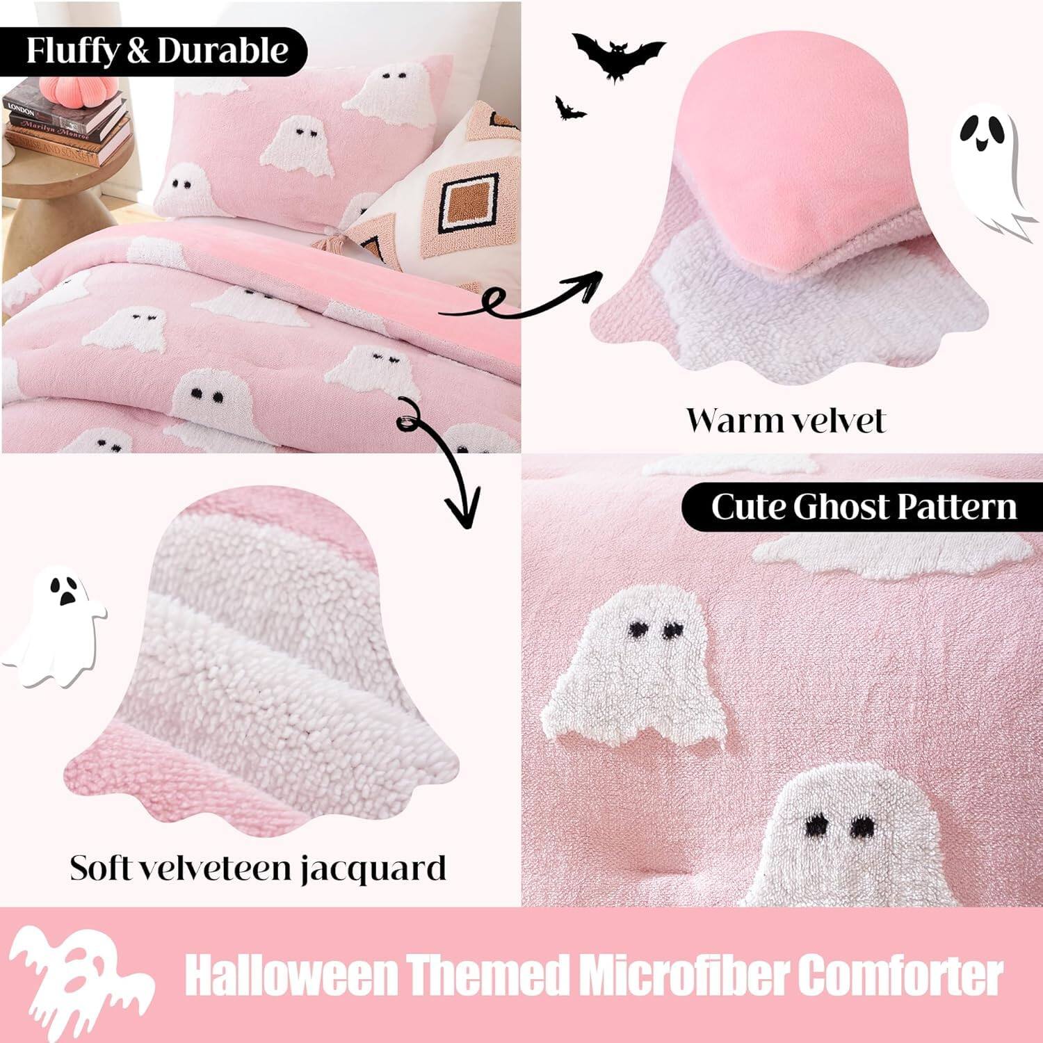 Fluffy & Durable  
Warm velvet  
Cute Ghost Pattern  
Soft velveteen jacquard  
Halloween Themed Microfiber Comforter