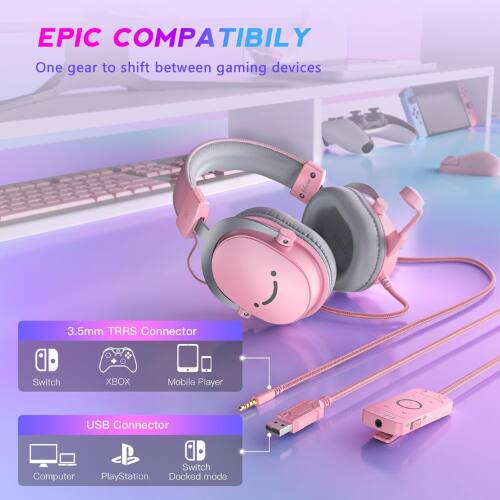 EPIC COMPATIBILITY  
One gear to shift between gaming devices  

3.5mm TRRS Connector  
Switch  
XBOX  
Mobile Player  

USB Connector  
Computer  
PlayStation  
Switch (Docked mode)