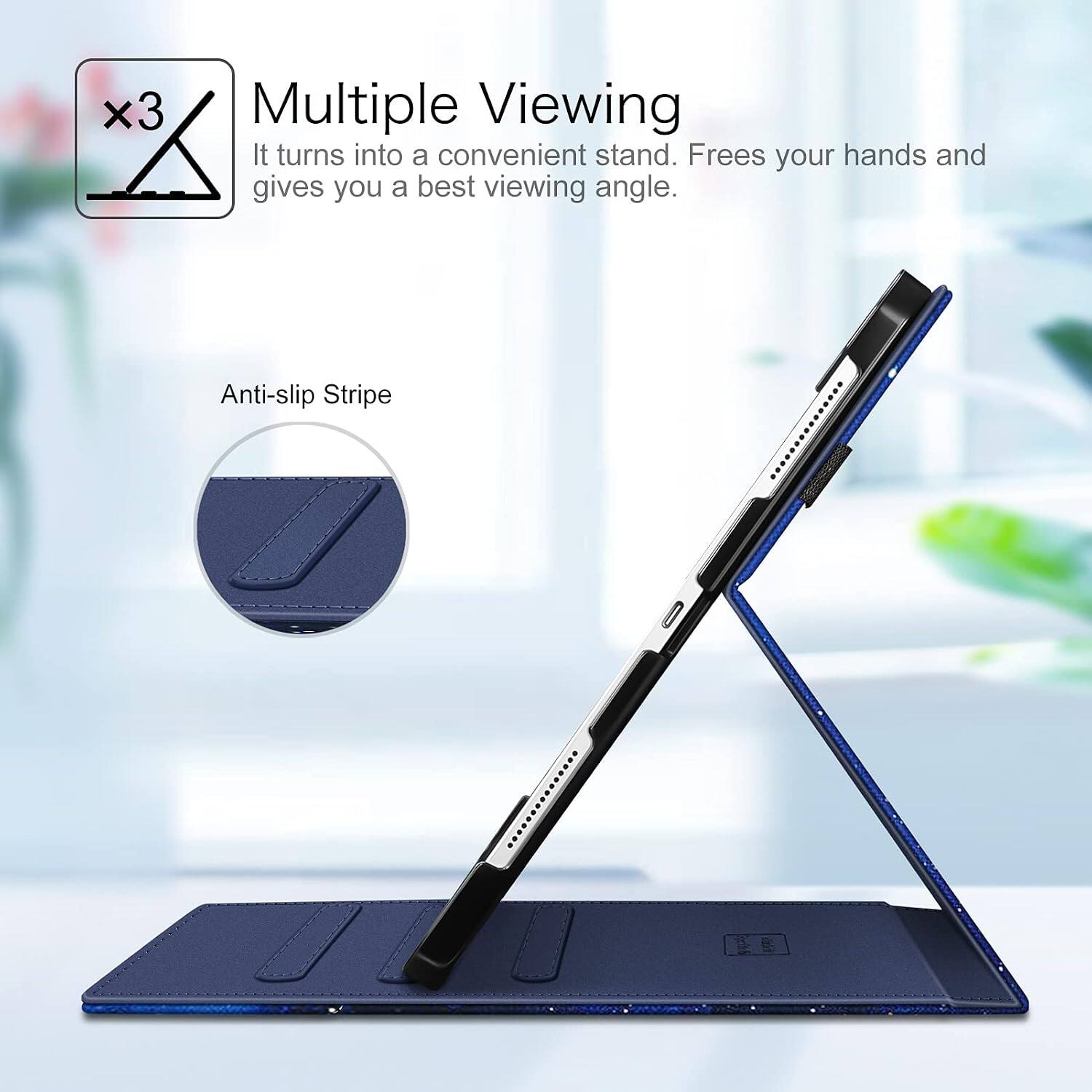 Multiple Viewing  
It turns into a convenient stand. Frees your hands and gives you a best viewing angle.  
Anti-slip Stripe