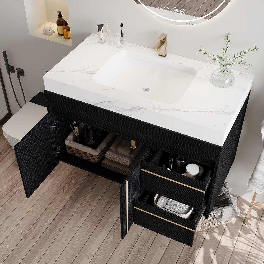 Alt View 2. Loheer - Loheer 36 inch floating bathroom vanity with ceramic sink and sintered stone top, black and white - Black, White.