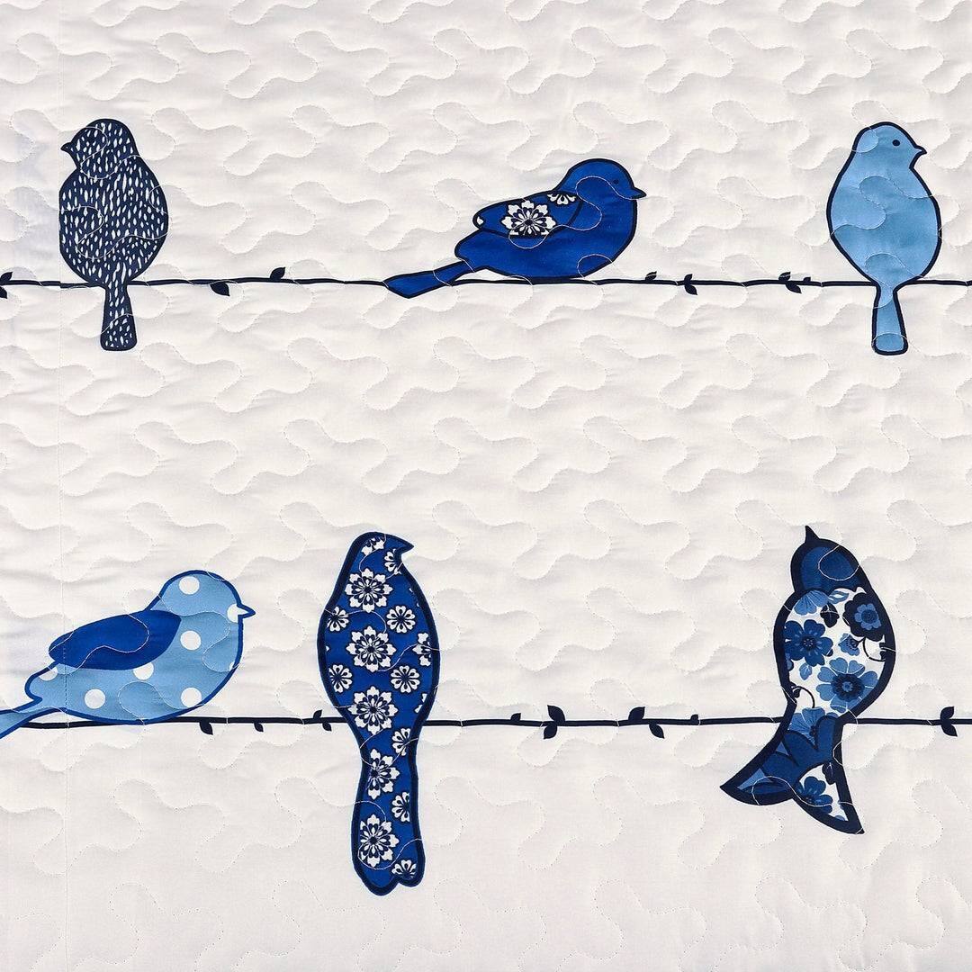 Back. Hivvago - Full/Queen Blue White Navy Floral Birds On Wire Lightweight 7 Piece Quilt Set - Blue White Navy.