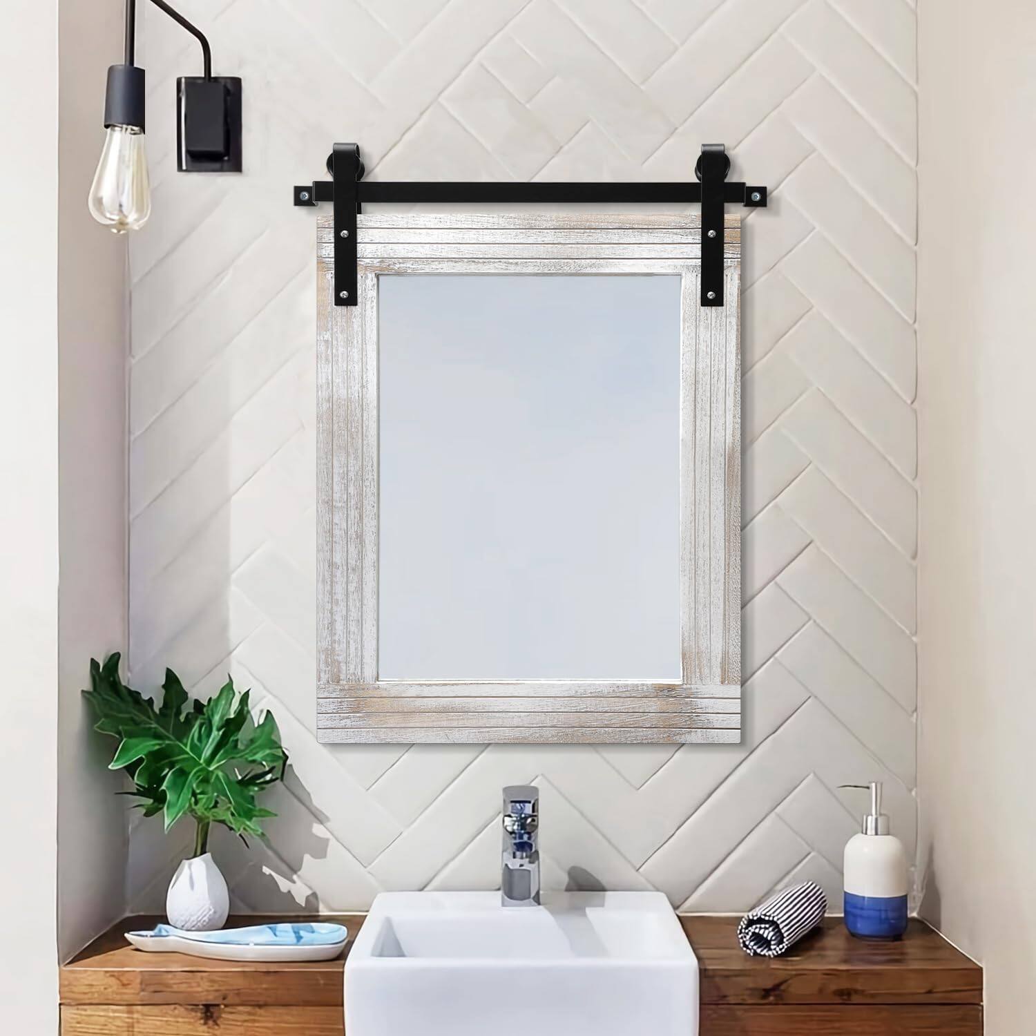 Back. Comfort Essence - Mirrors For Wall Rustic Barn Door Mirror With Wood Framed Rectangle Farmhouese Bathroom Decorative Hangin... - Brown-30"L x 22"W.