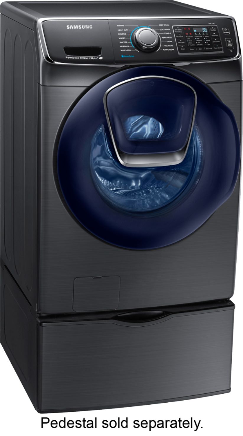 Angle View: Samsung - 4.5 Cu. Ft. High-Efficiency Stackable Smart Front Load Washer with Steam and AddWash - Black Stainless Steel