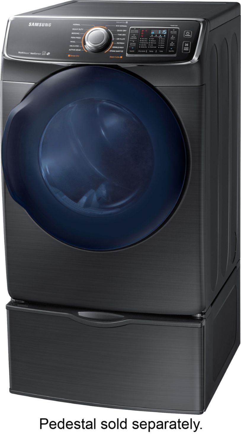 Left View: Samsung - 7.5 Cu. Ft. Stackable Gas Dryer with Steam and Sensor Dry - Black stainless steel
