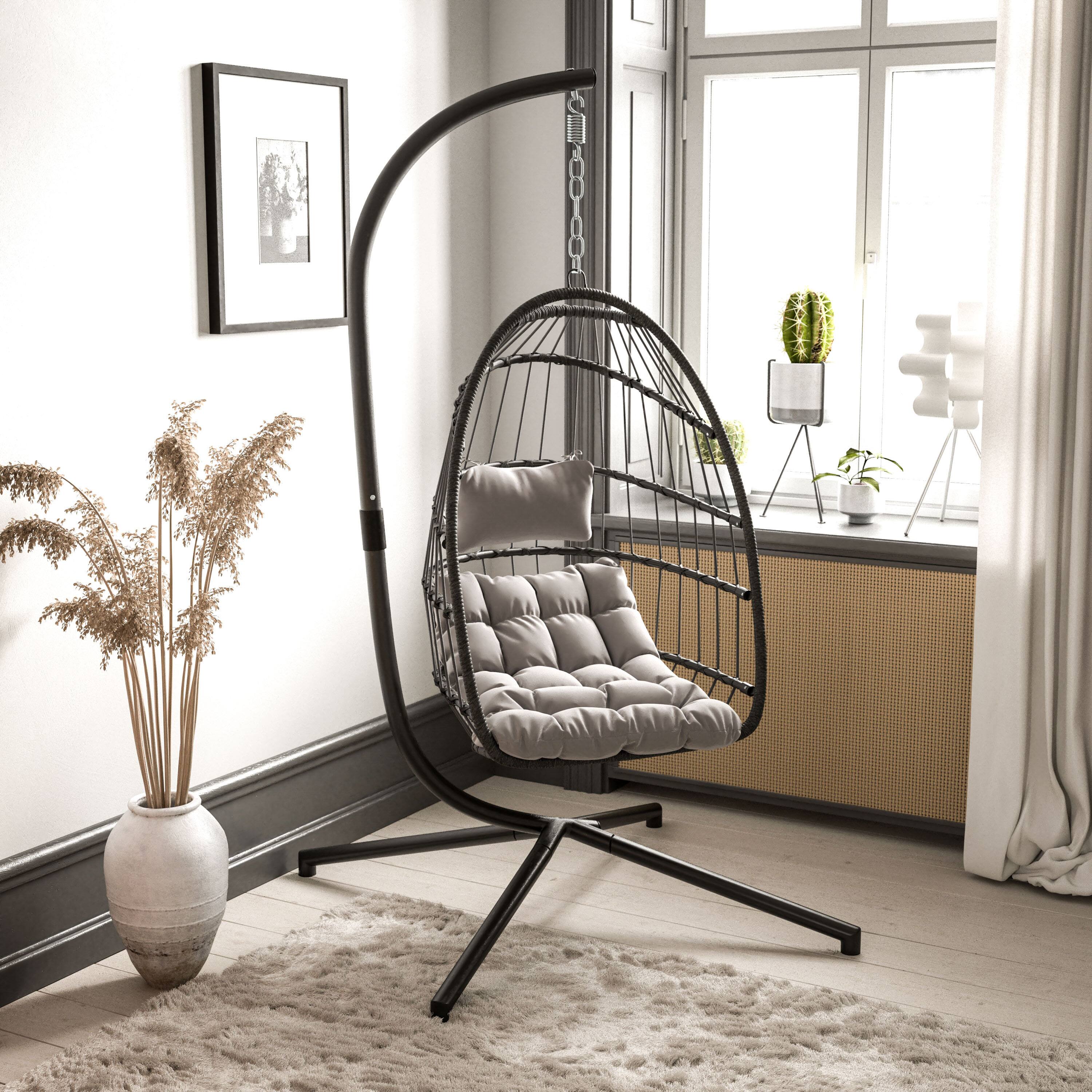 Alt View 3. Emma + Oliver - Awen Foldable Hanging Egg Chair with Woven Finish, Removable Cushions, and Included Stand for Indoor and Outdoor Use - Gray.
