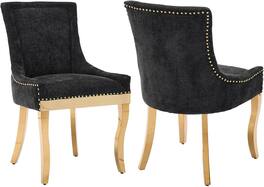 Trinkets Crazed - Chenille Fabric Upholstered Side Chairs Set of 2, Solid Wood Kitchen Dining Room Chairs with Nailheads Solid Wood Legs - black+gold