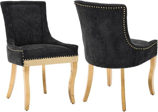 Front. Trinkets Crazed - Chenille Fabric Upholstered Side Chairs Set of 2, Solid Wood Kitchen Dining Room Chairs with Nailheads Solid Wood Legs - black+gold.