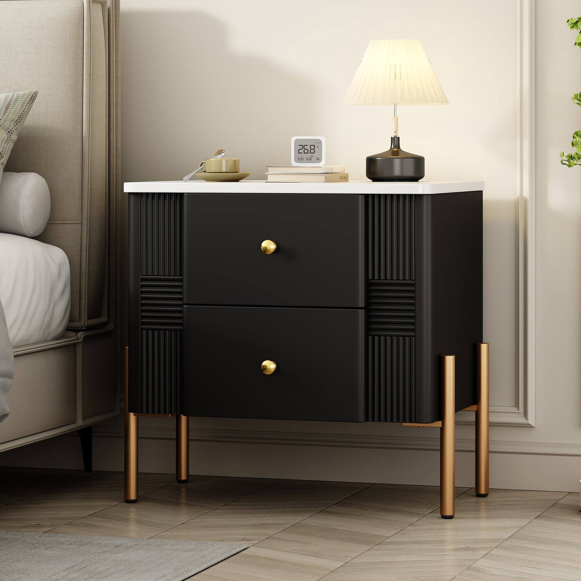 Angle. Spaco - Spaco Modern Nightstand with Style - Fluted Design, 2 Drawers, Golden Handles & Legs - Ideal for Bedroom & Living - Black.