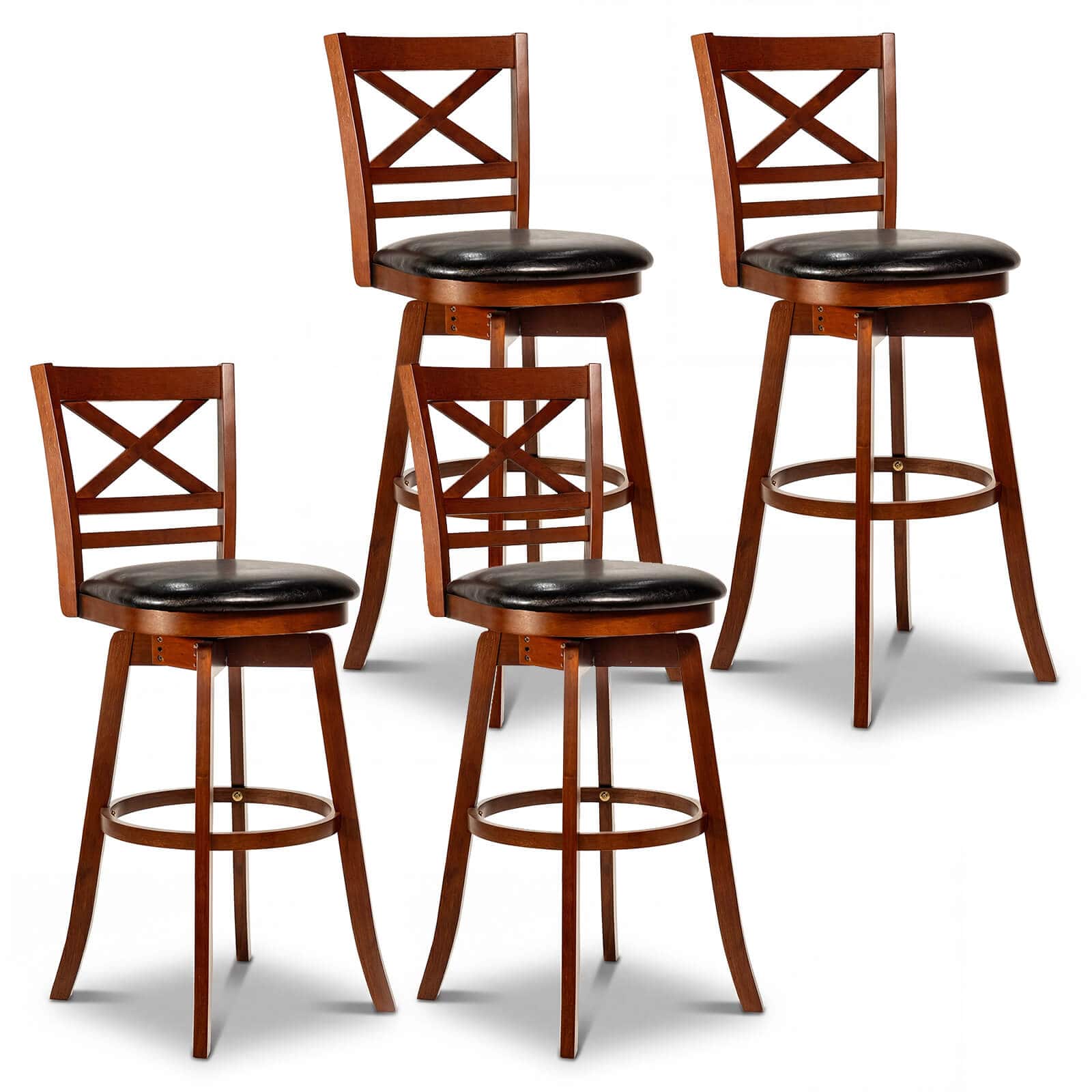 Costway - 30.5" Swivel Barstools Set of 4 with Backrest Faux Leather Upholstered Seat for Pub - Antique Walnut,Black