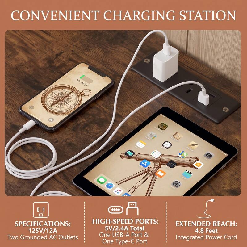 CONVENIENT CHARGING STATION

10% Charged

A
VII
R

Man

SPECIFICATIONS:
- 125V/12A Two Grounded AC Outlets
- HIGH-SPEED PORTS: 5V/2.4A Total
- One USB-A Port & One Type-C Port
- EXTENDED REACH: 4.8 Feet Integrated Power Cord