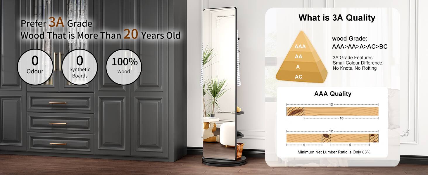 Prefer 3A Grade Wood That is More Than 20 Years Old

0 Odour
0 Synthetic Boards
100% Wood

What is 3A Quality

wood Grade:
AAA > AA > A > AC > BC

3A Grade Features:
Small Colour Difference, No Knots, No Rotting

AAA Quality

Minimum Net Lumber Ratio is Only 83%