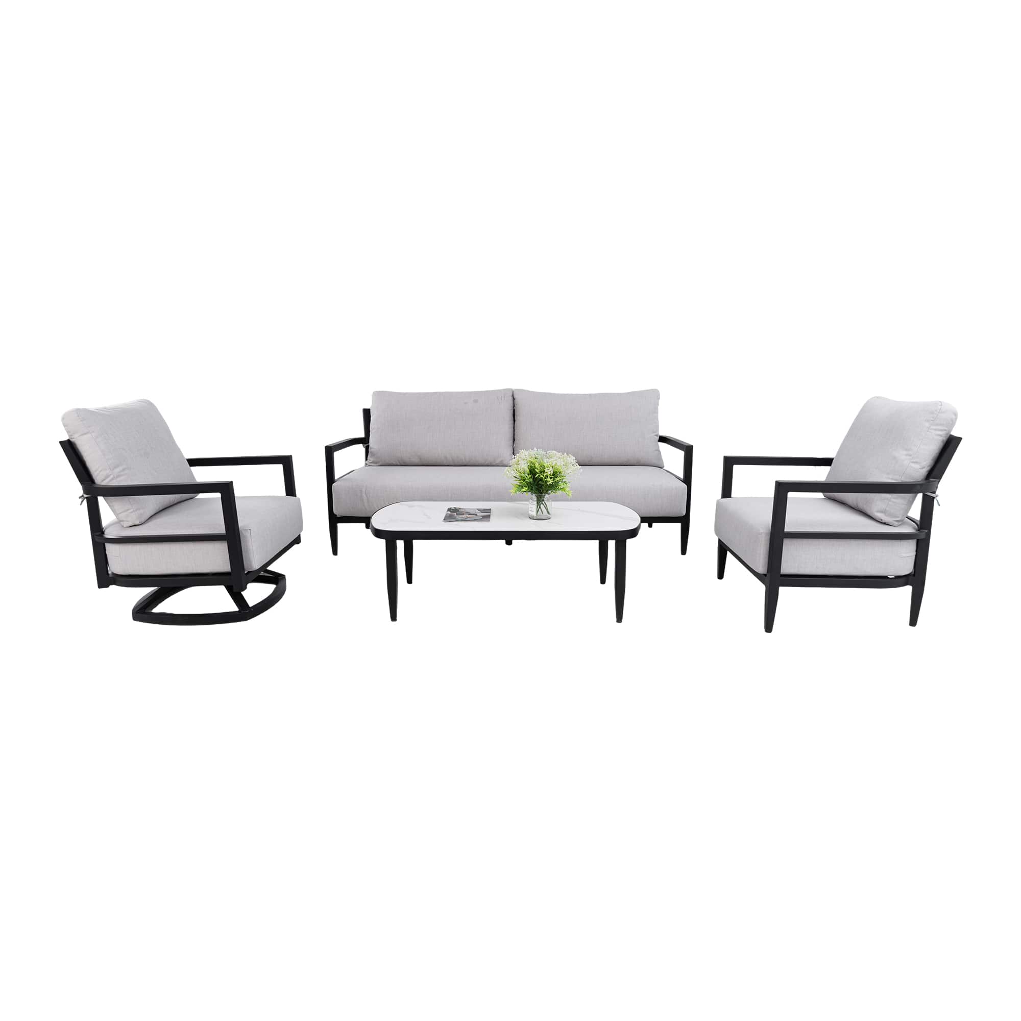 Mondawe - 4-Piece Outdoor Conversation Set with Swivel Chair, Club Chair, Bench Sofa, Coffee Table, and Sunbrella Cushions - Ember Black+Grey