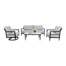 Mondawe - 4-Piece Outdoor Conversation Set with Swivel Chair, Club Chair, Bench Sofa, Coffee Table, and Sunbrella Cushions - Ember Black+Grey