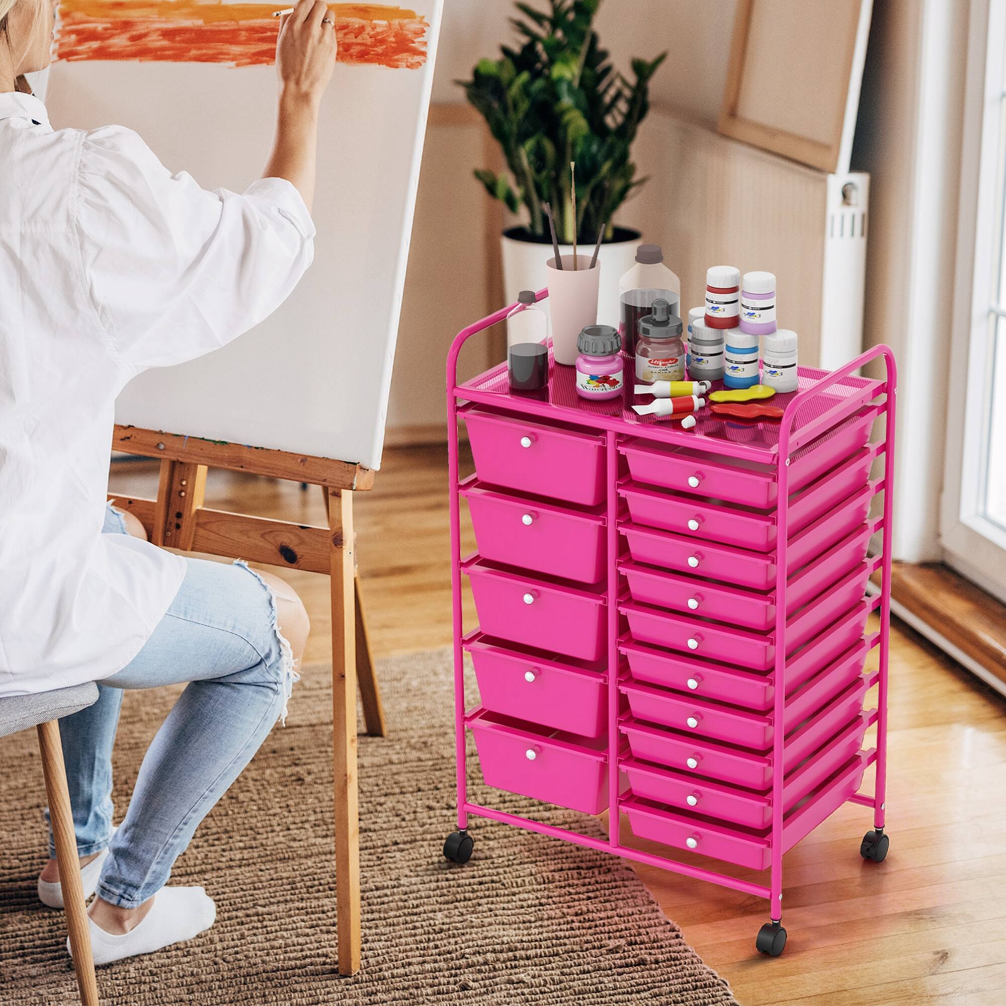 Alt View 5. Costway - 15 Drawer Rolling Storage Cart Mobile Cart with Colorful Drawers & Metal Frame - Hot Pink.